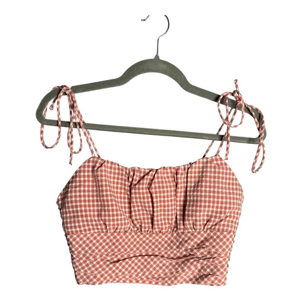 Blank NYC Red White Gingham Cropped Top Tie Straps Smocked Back Medium